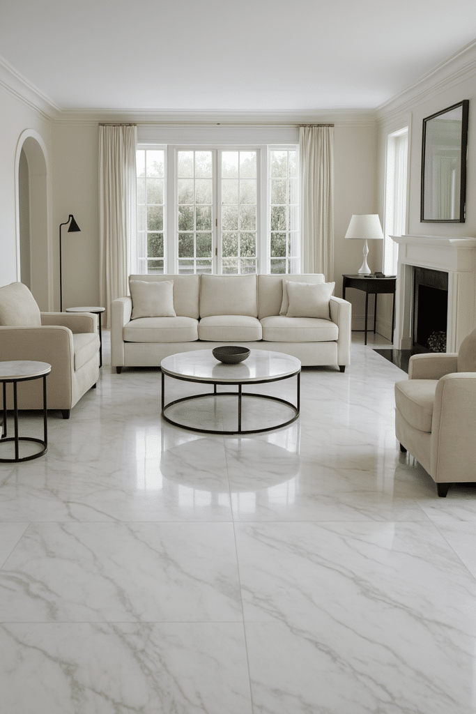 pacious living room with glossy white marble flooring reflecting natural light, creating a luxurious interior look