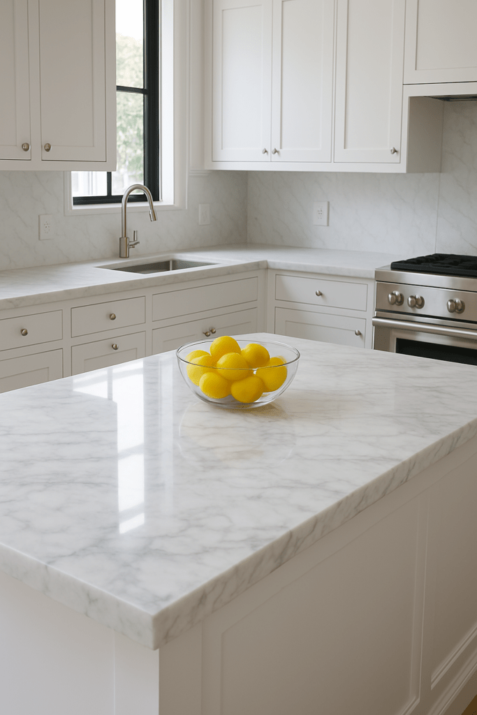 Modern kitchen featuring sleek white marble countertops and minimalist cabinetry for a clean, elegant design